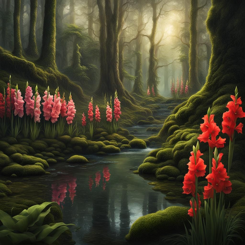 Gladiolas in Forest: Digital Matte Painting