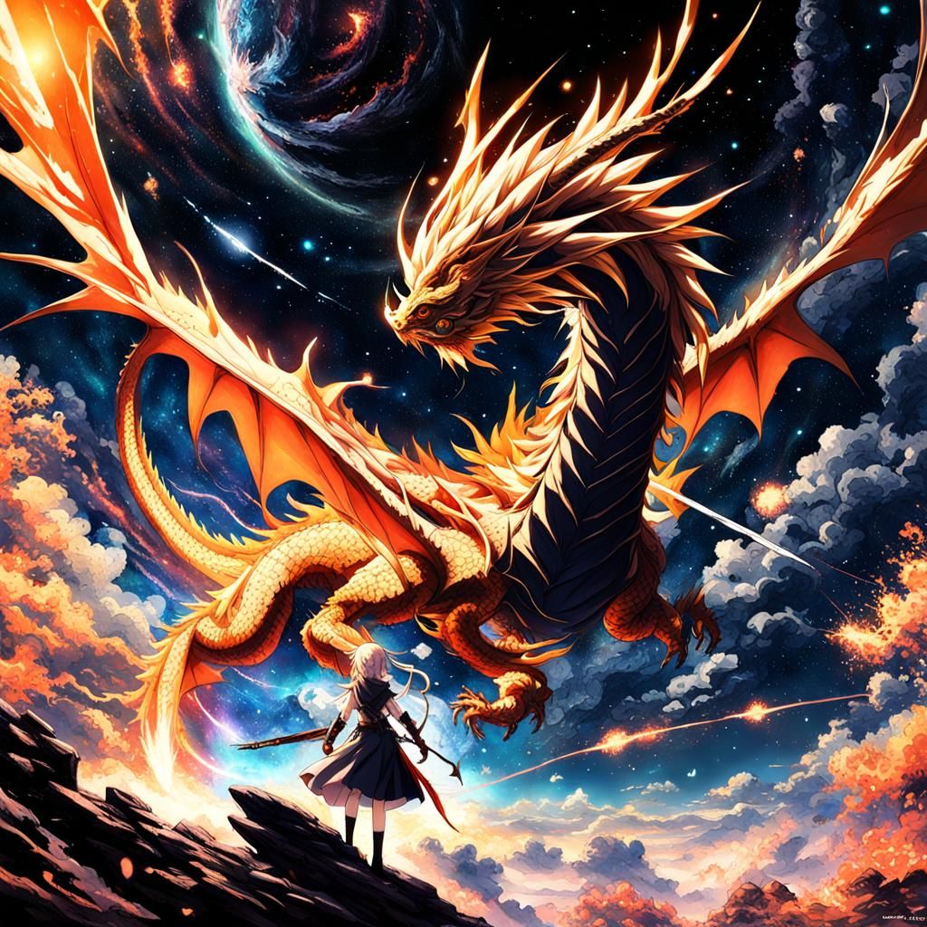 Sun Dragon and Anime Girl in Nebula