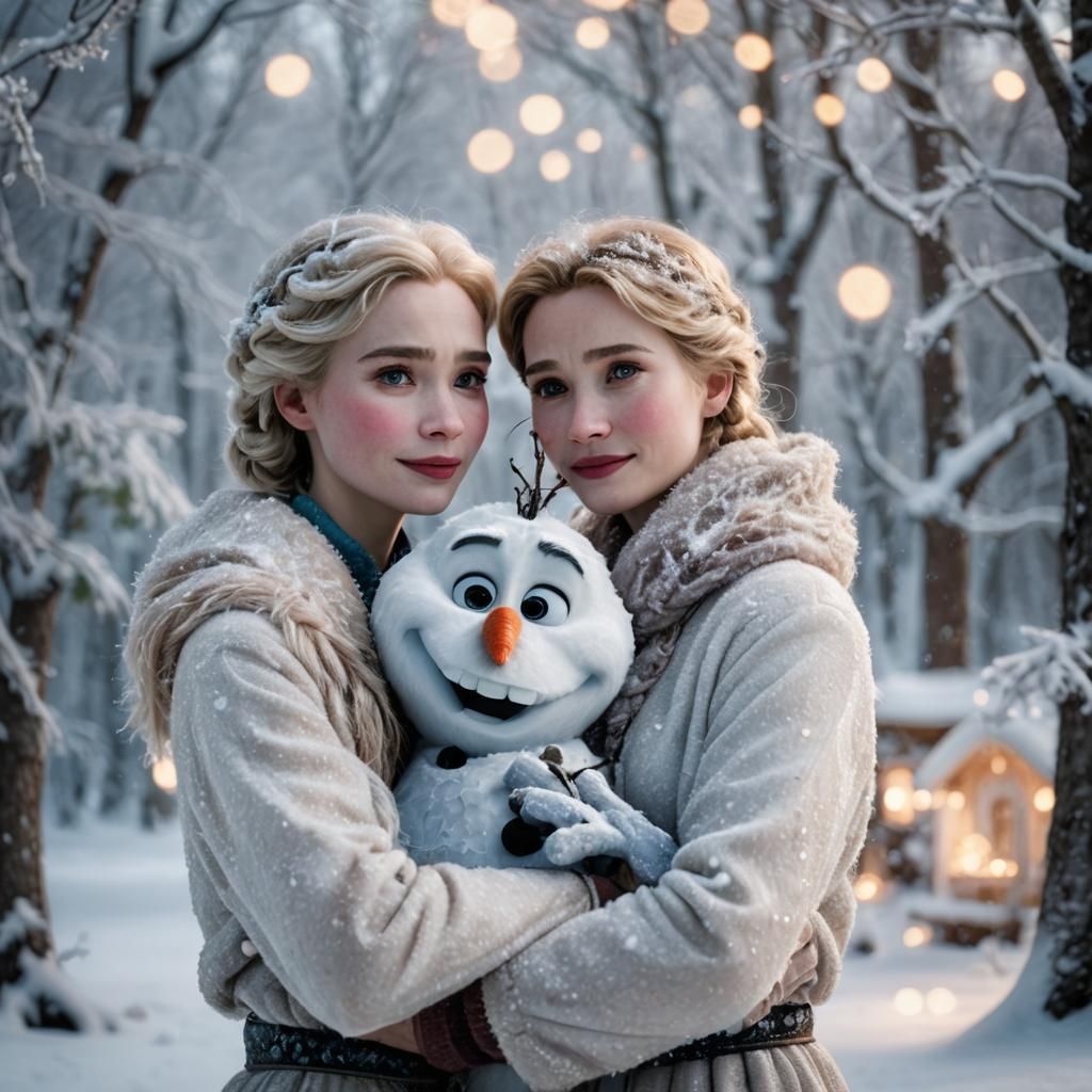 Elsa, Anna, and Olaf Cuddle at the North Pole