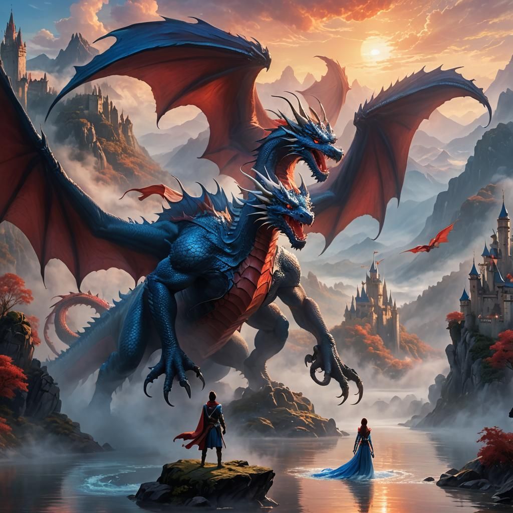 Majestic Dragon Flight Over Misty Castle in Fantasy Art