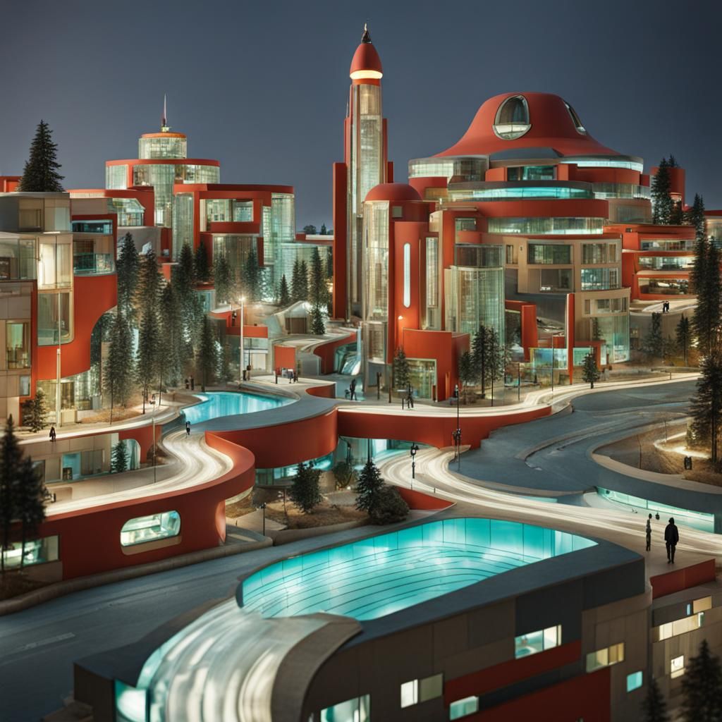 Model Posing in Retro-Futuristic Cityscape