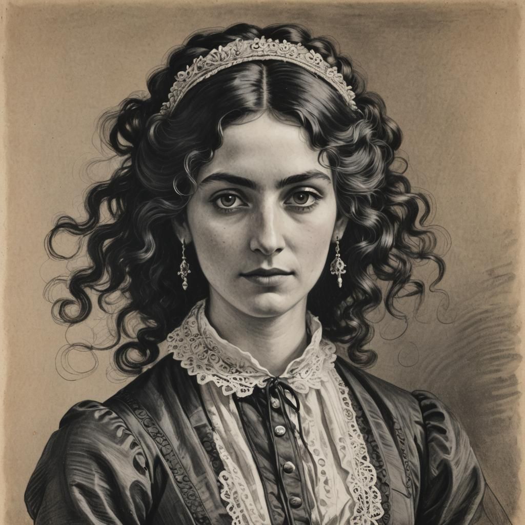 Jewish Woman in 19th Century Dress, Charcoal Drawing