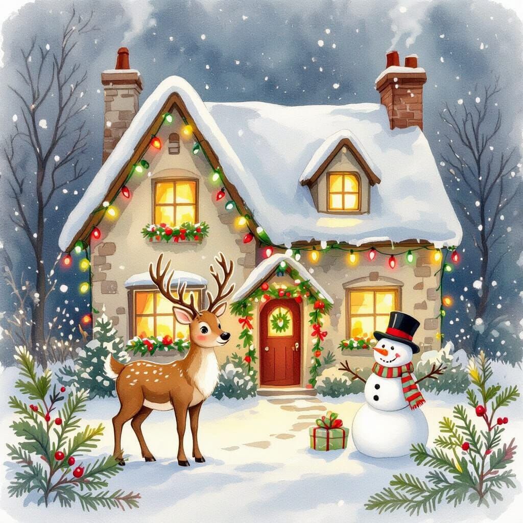 Whimsical Watercolor Christmas Cottage with Reindeer and Sno...