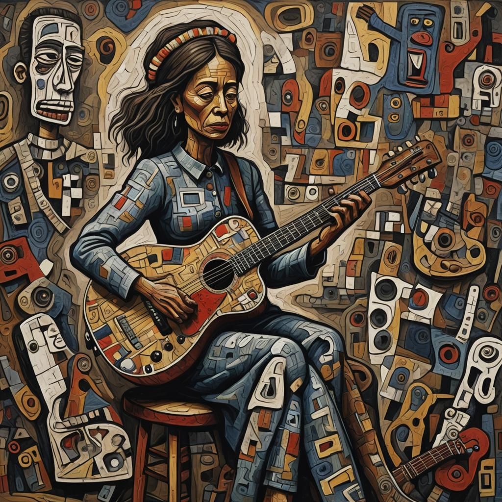 Native Woman Playing Guitar in Art Brut Style