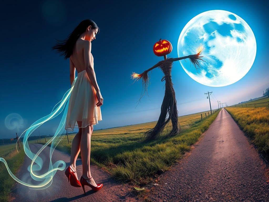 Goth Girl Meets Scarecrow Under Smiling Moon
