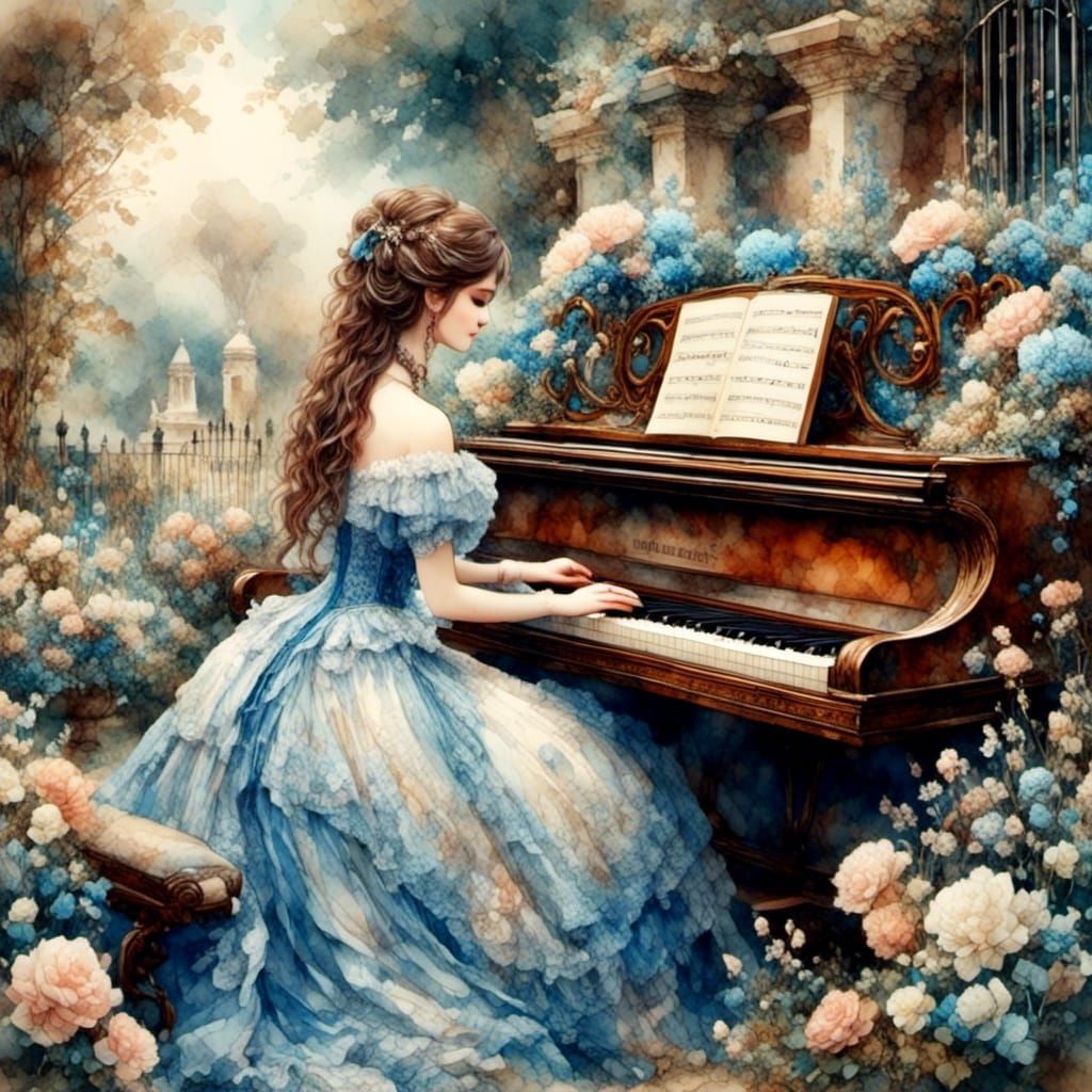 Victorian Woman Plays Piano in Sapphire Dress