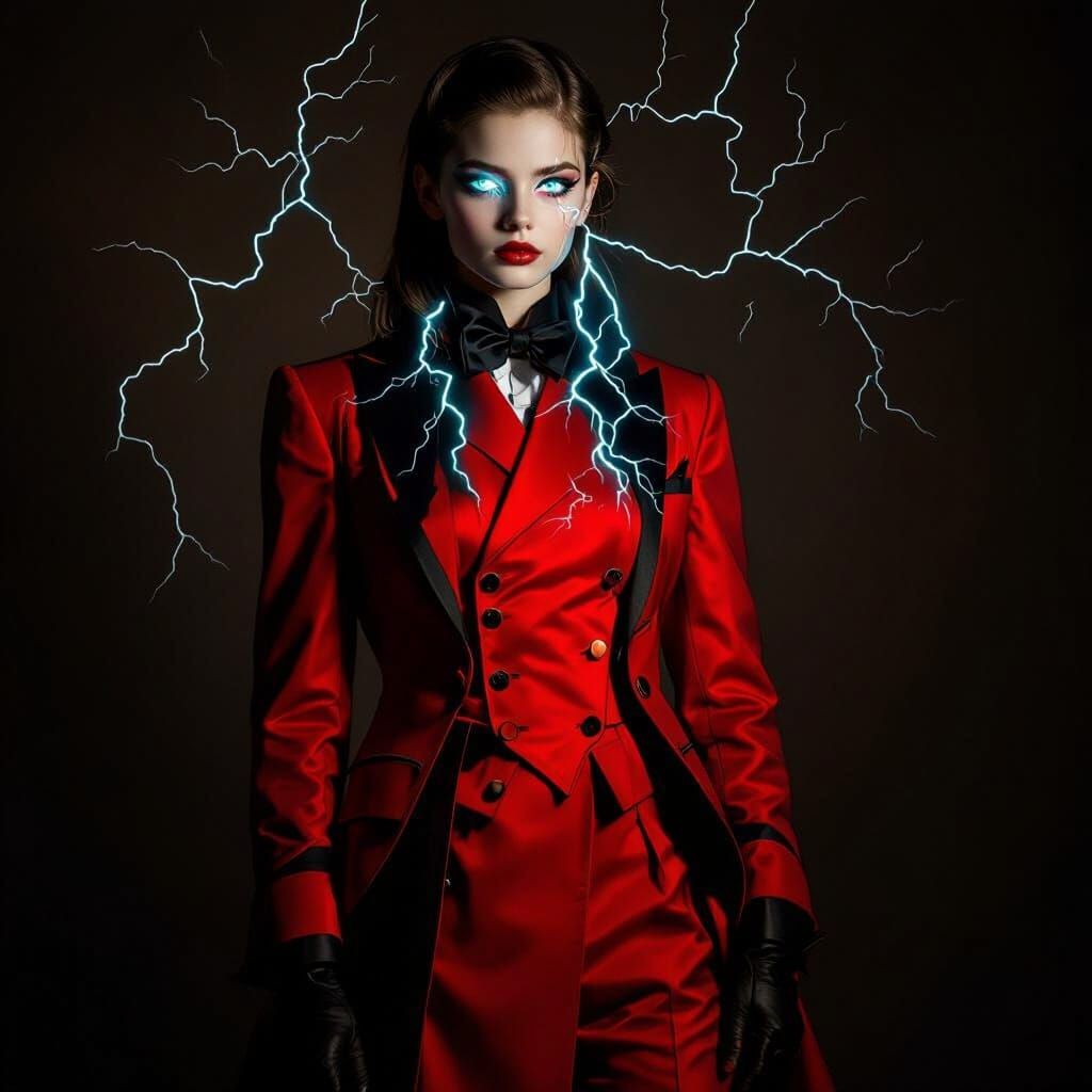 Woman with Electric Blue Lightning Eyes in Tuxedo