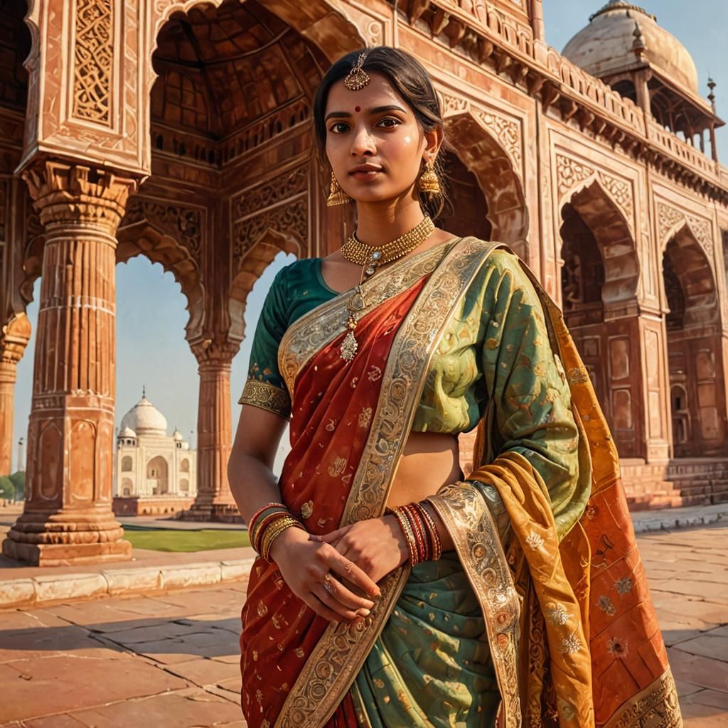 Indian Woman at the Taj Mahal: Oil Painting