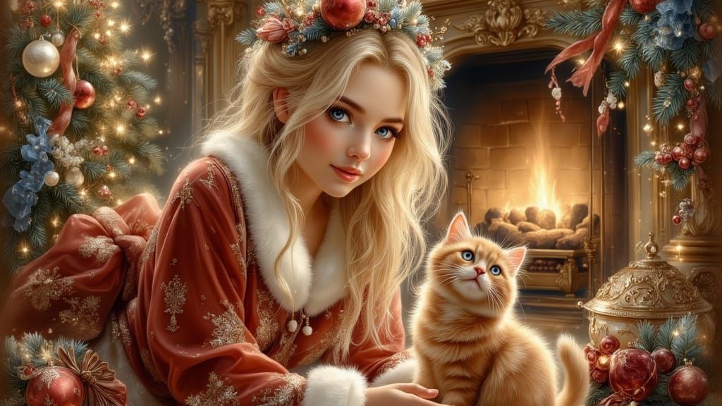 Blonde Woman Plays With Ginger Cat in Festive Christmas Scen...
