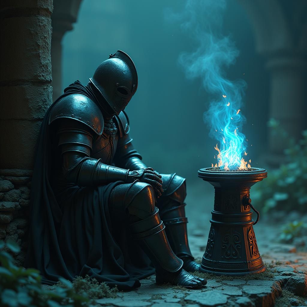 Dark Fantasy Knight Resting by Plasma Heater