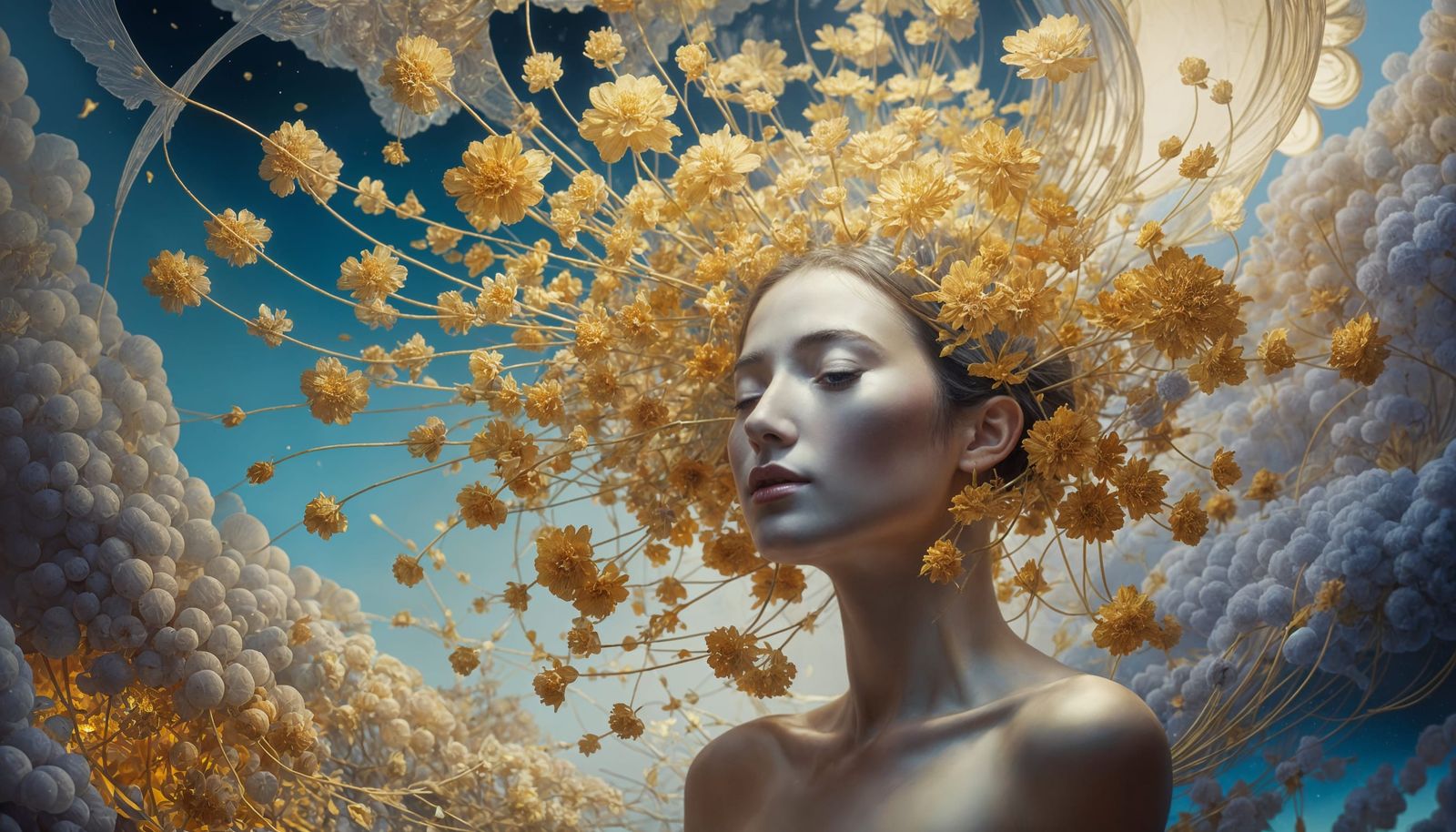 Surreal Golden Blossom in Sfumato Style