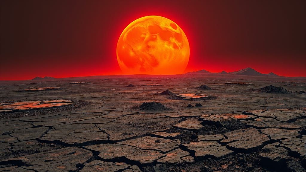Barren Earth Under Red Giant Sun: Dystopian Space Art