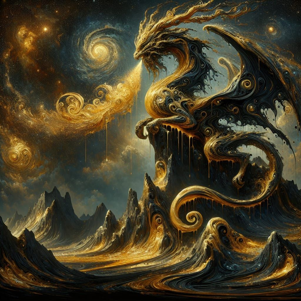 Ancient Molten Gold Dragon on Obsidian Peak