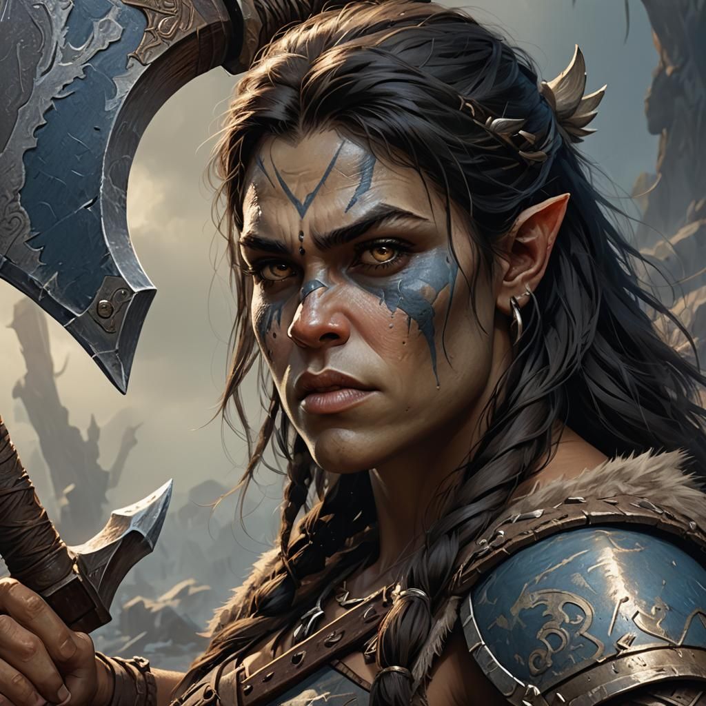 Half-Orc Barbarian Portrait in Detailed Fantasy Art