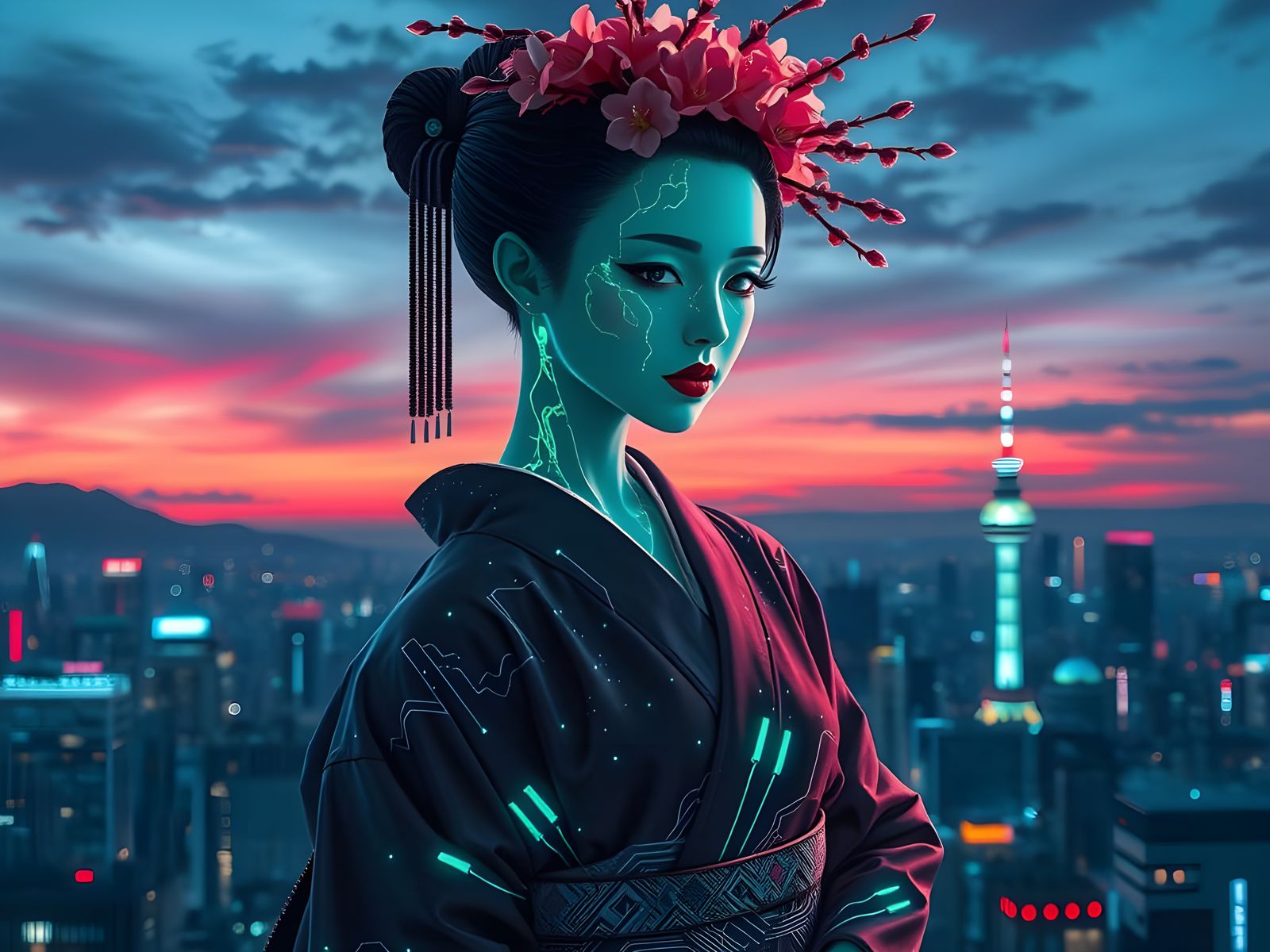 Cyberpunk Geisha with Glowing Circuitry in Digital Art