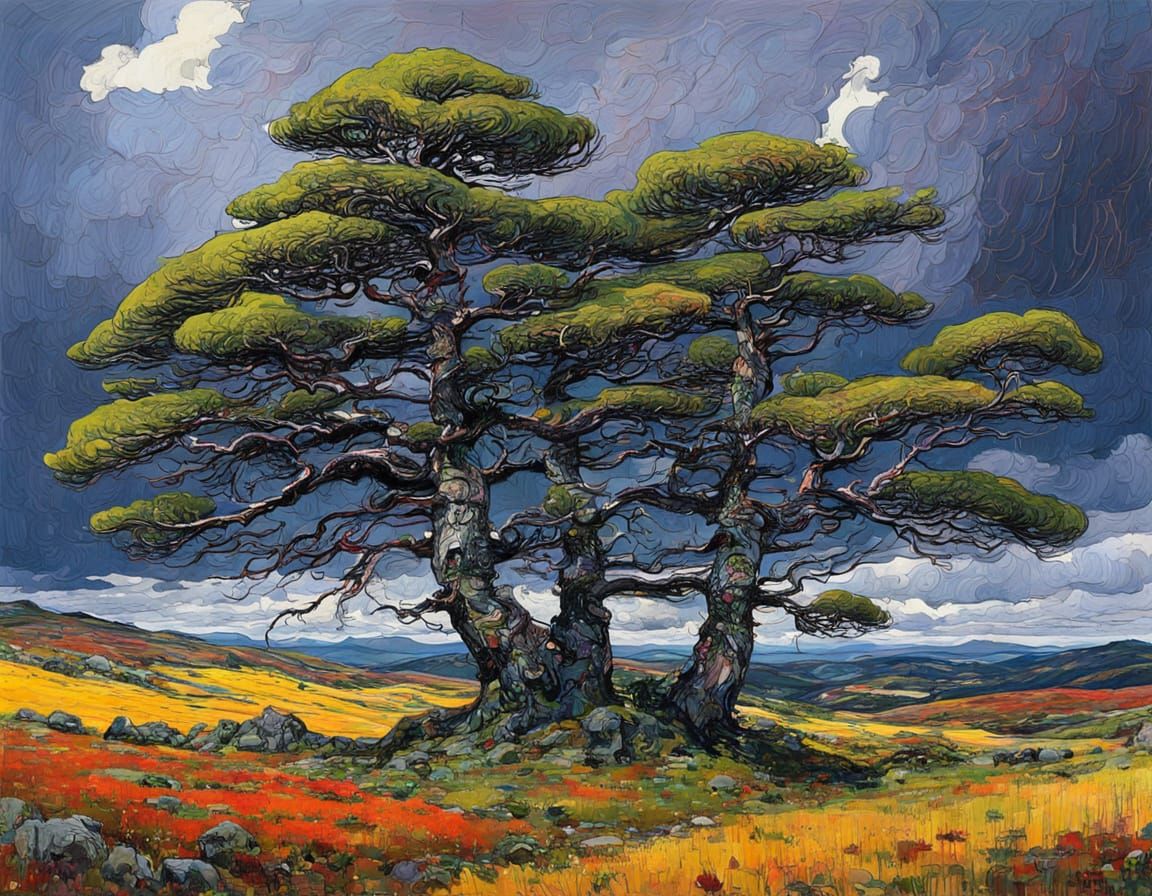 Gnarled Trees on Moorland's Edge as Storm Approaches