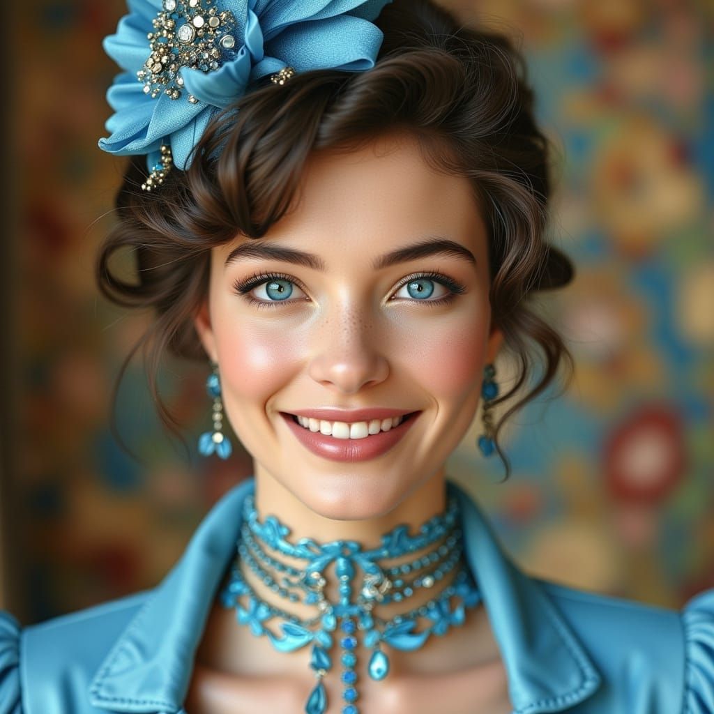 Elegant Woman in Blue Dress, Hyperrealistic Fashion Photogra...