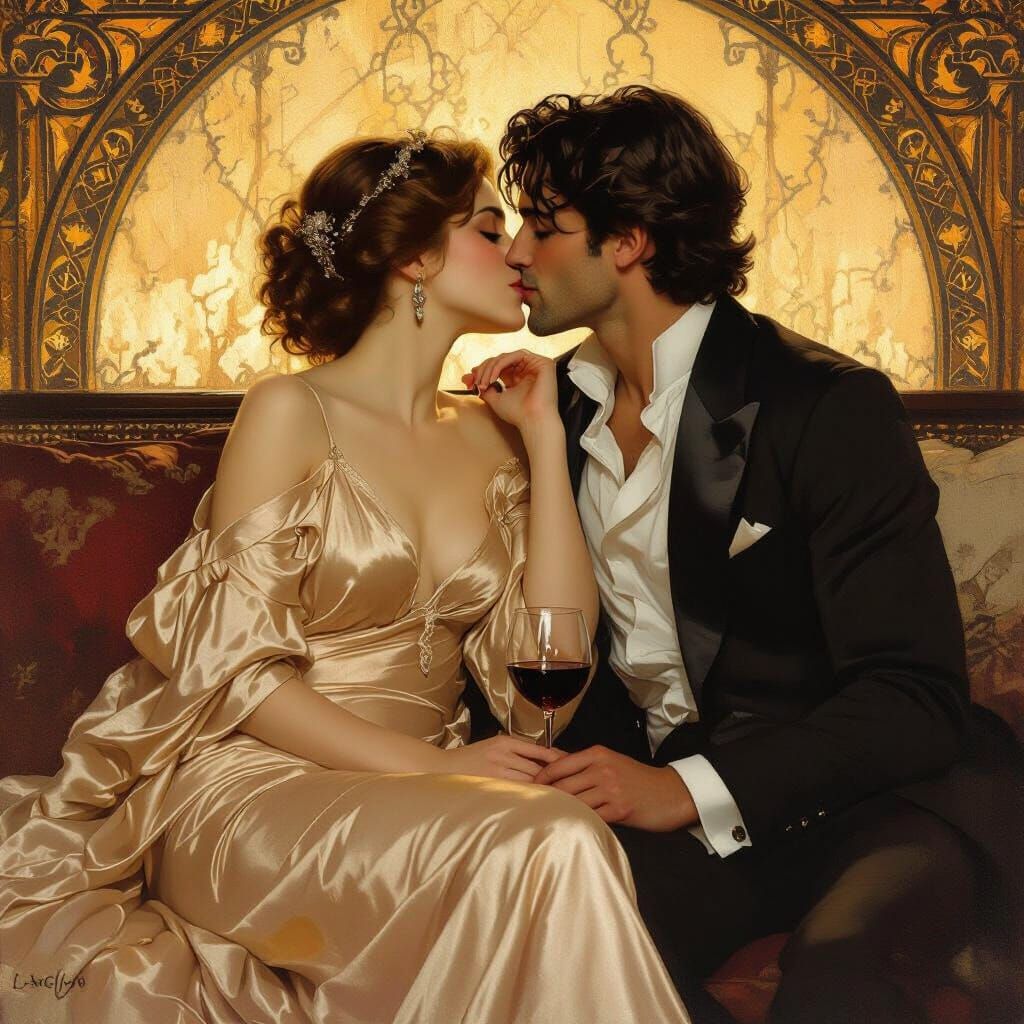 Romantic Kiss in Golden Light, Pre-Raphaelite Style