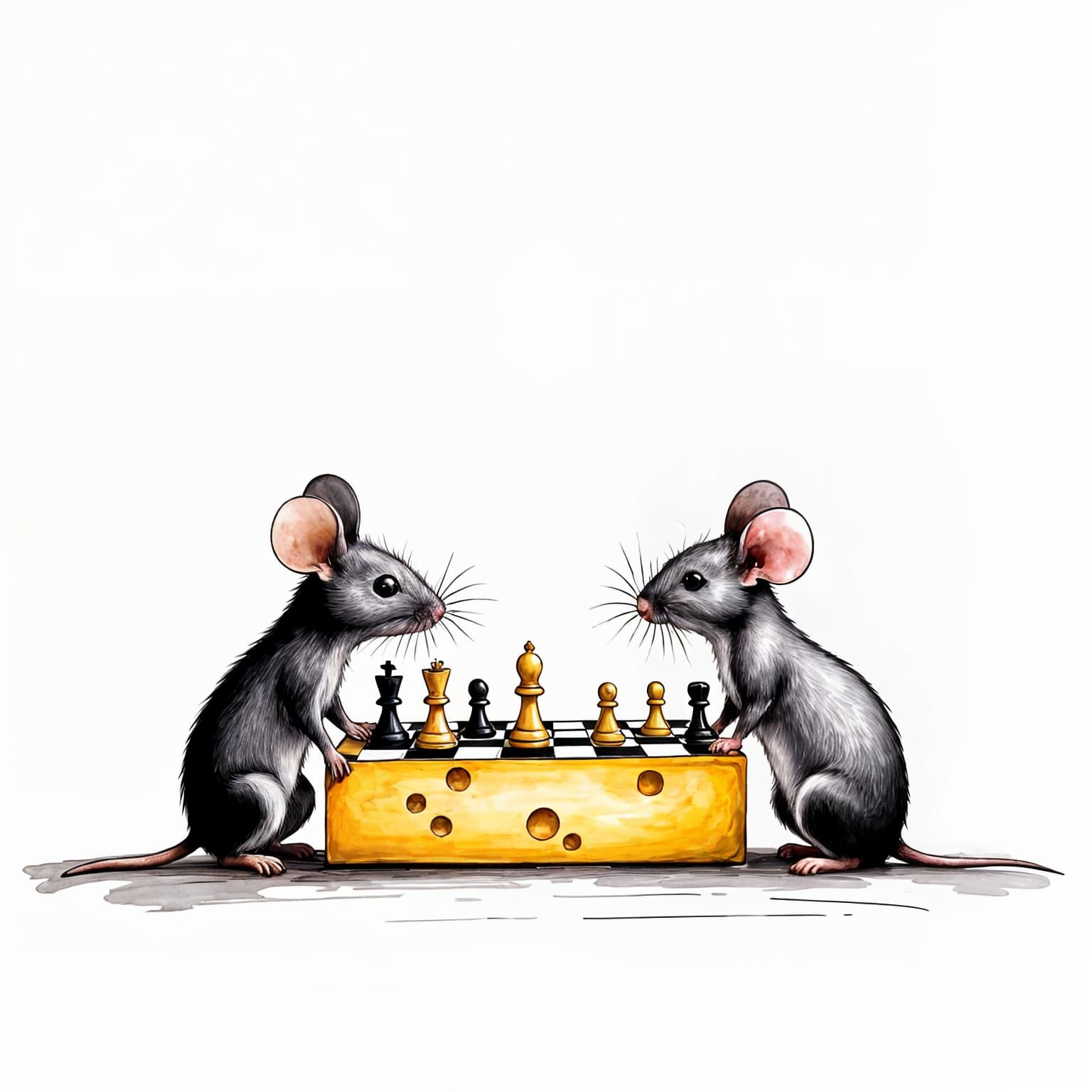 Mice Engage in Chess on a Delicate Cheese Board in Minimalis...
