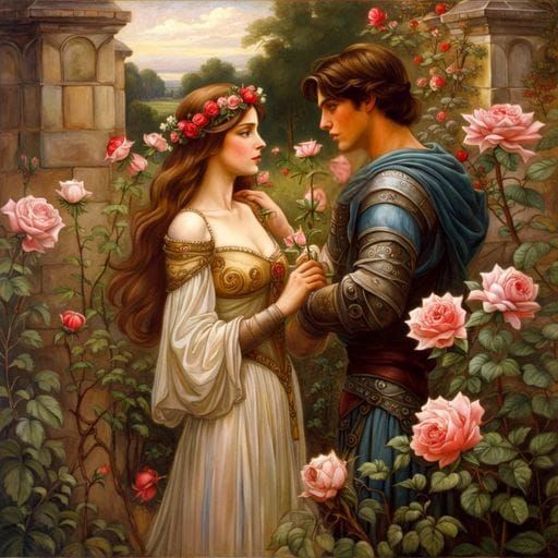 Medieval Lovers in Rose Garden: Waterhouse Style