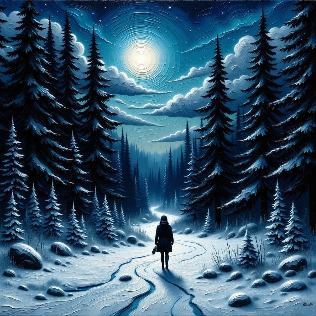 Lone Figure on Snowy Forest Path Under Full Moon