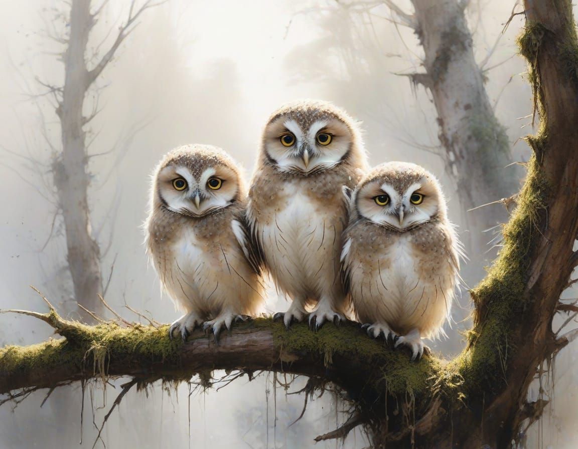 Owlets in Watercolor Style with Soft Lighting