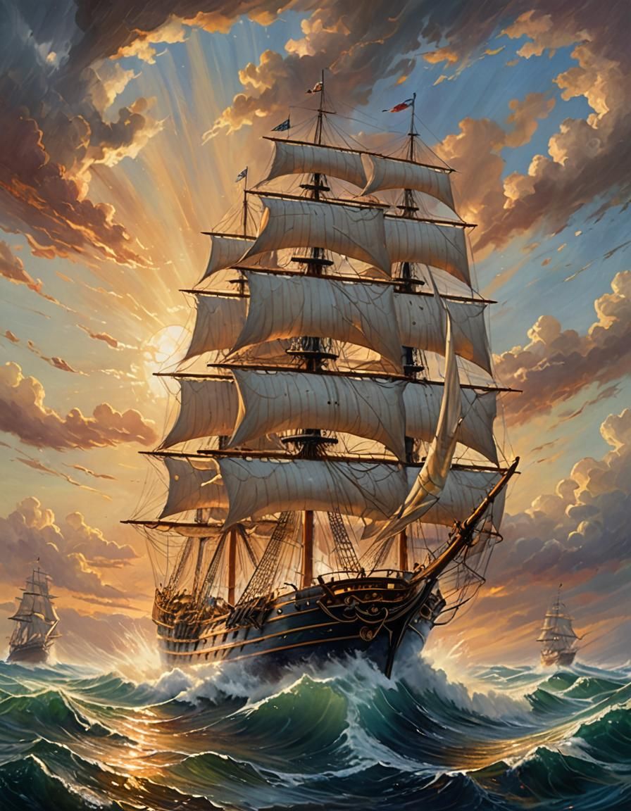 Clipper Ship on High Seas: A Kinkade-esque Oil Painting