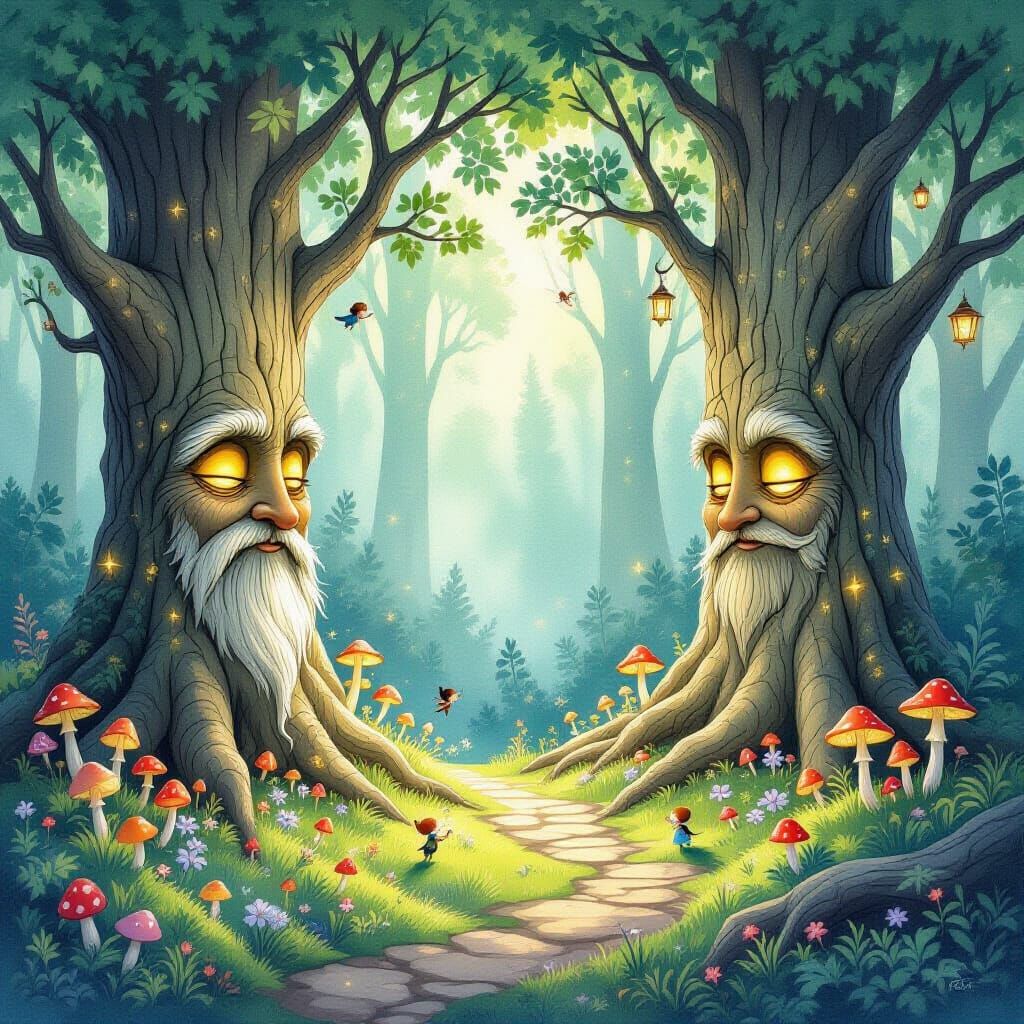 Whimsical Forest Clearing with Glowing Mushrooms and Sprites