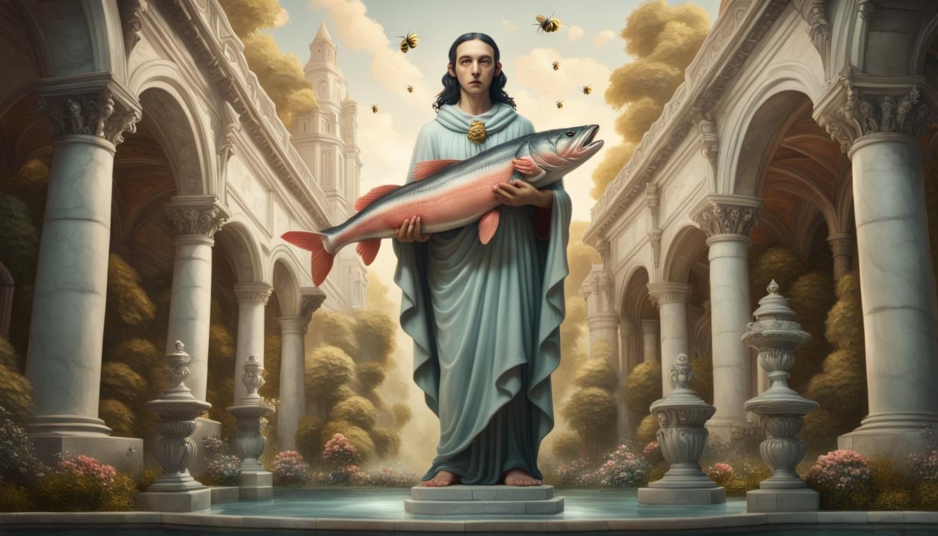 Saint with Salmon Statue in Mark Ryden Style