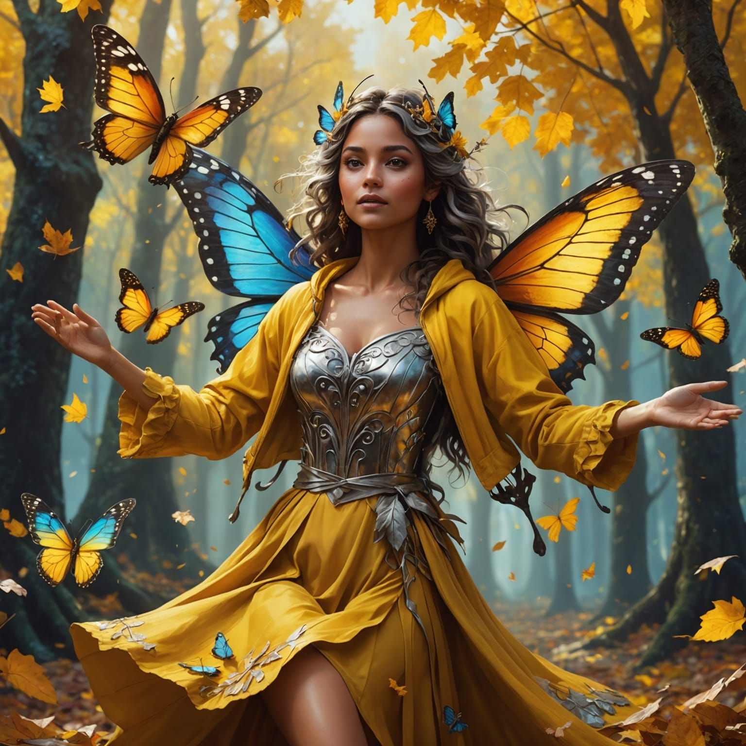 Hispanic Fairy Reaching for Butterfly in Autumn