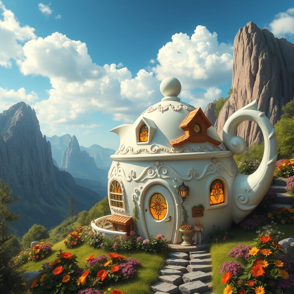 Whimsical Teapot Cottage Amidst Majestic Cliffs and Lush Gre...
