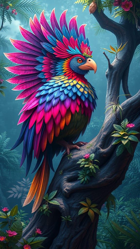 Vibrant Fantasy Bird on Mystic Tree - Matte Painting