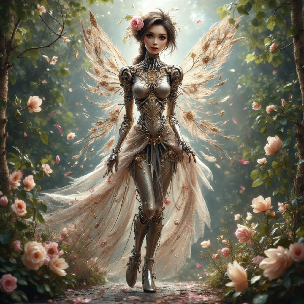 Anime Elf Cyborg Robot with Floral Metal Body