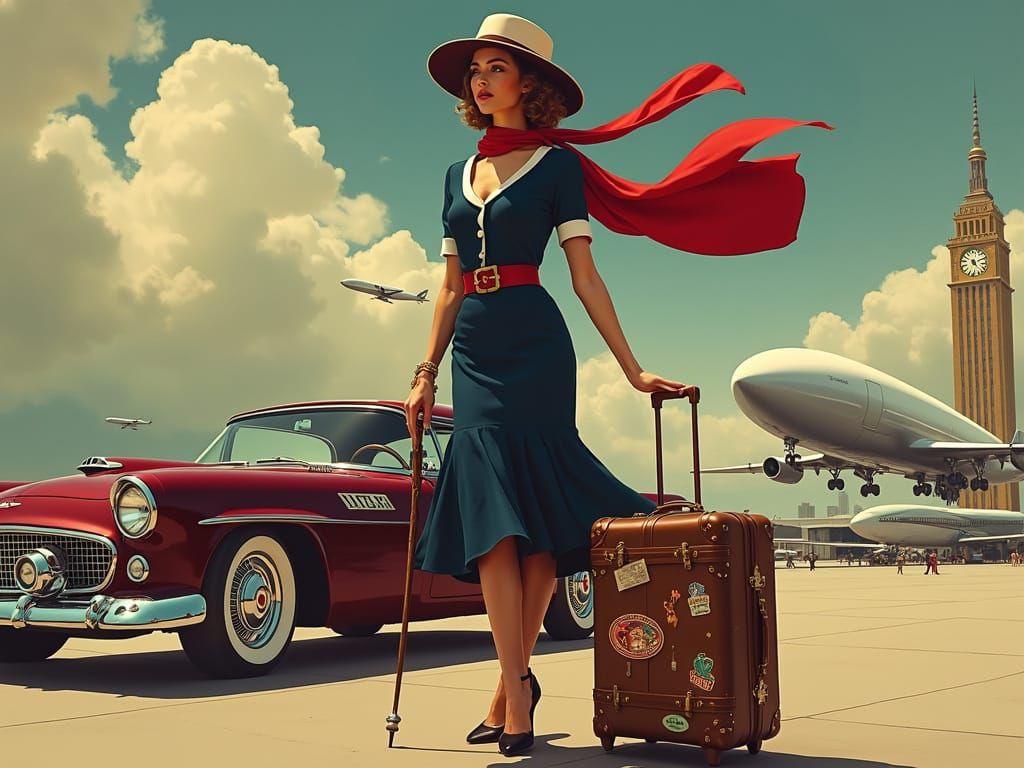 Elegant Woman Stands Beside Vintage Suitcase and Luxury Car ...