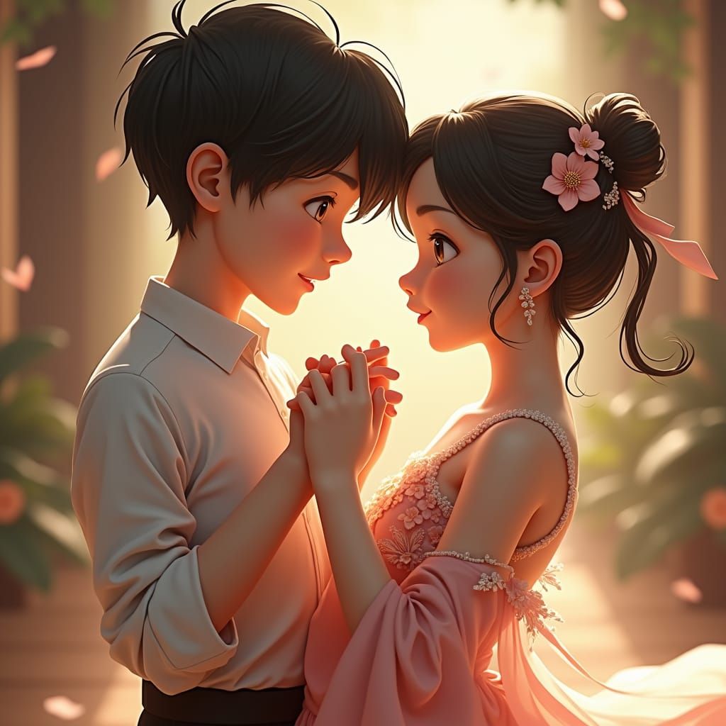 Tender Moment: Boy Guides Girl in Dance