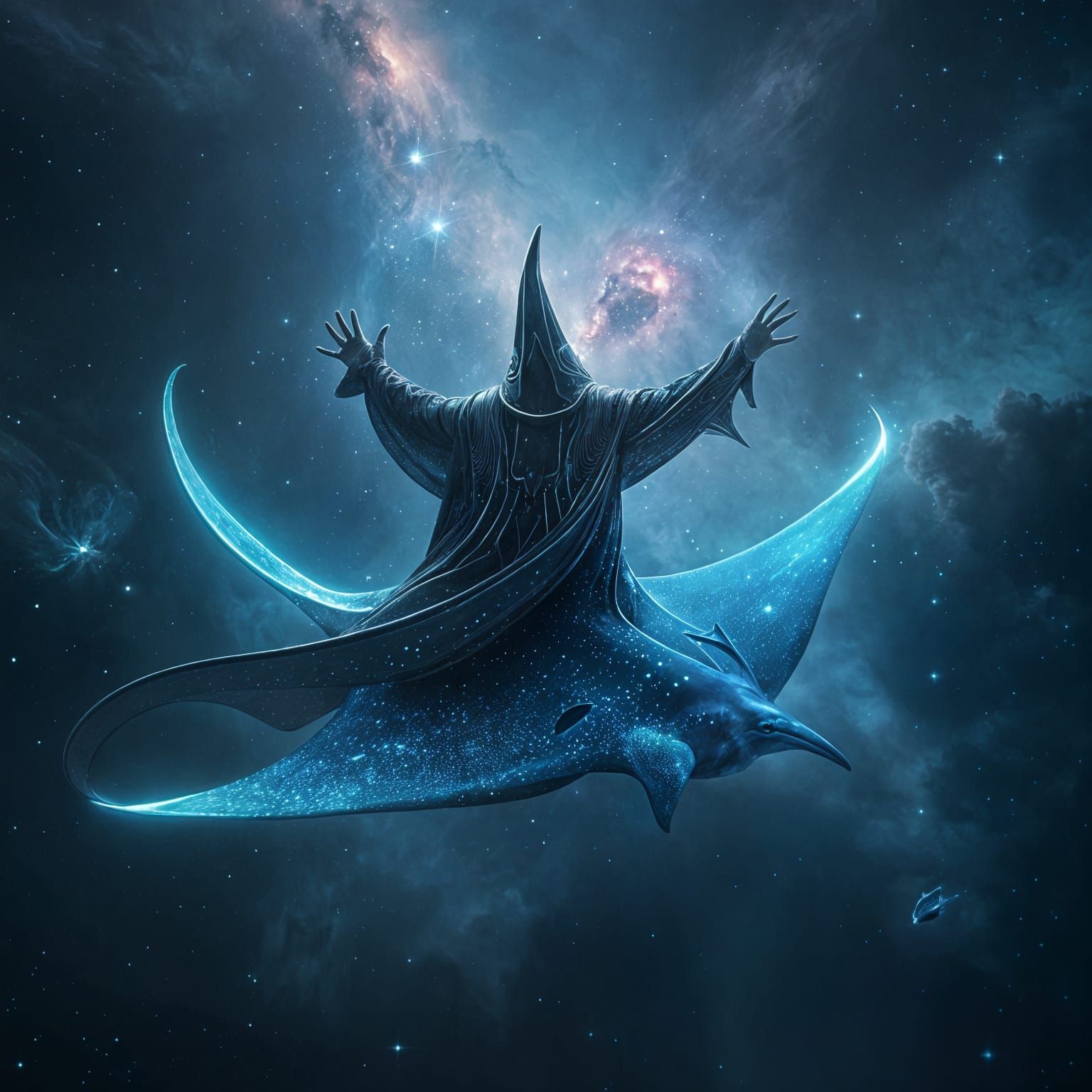 Cosmic Wizard Rides Bioluminescent Manta Ray in Nebula
