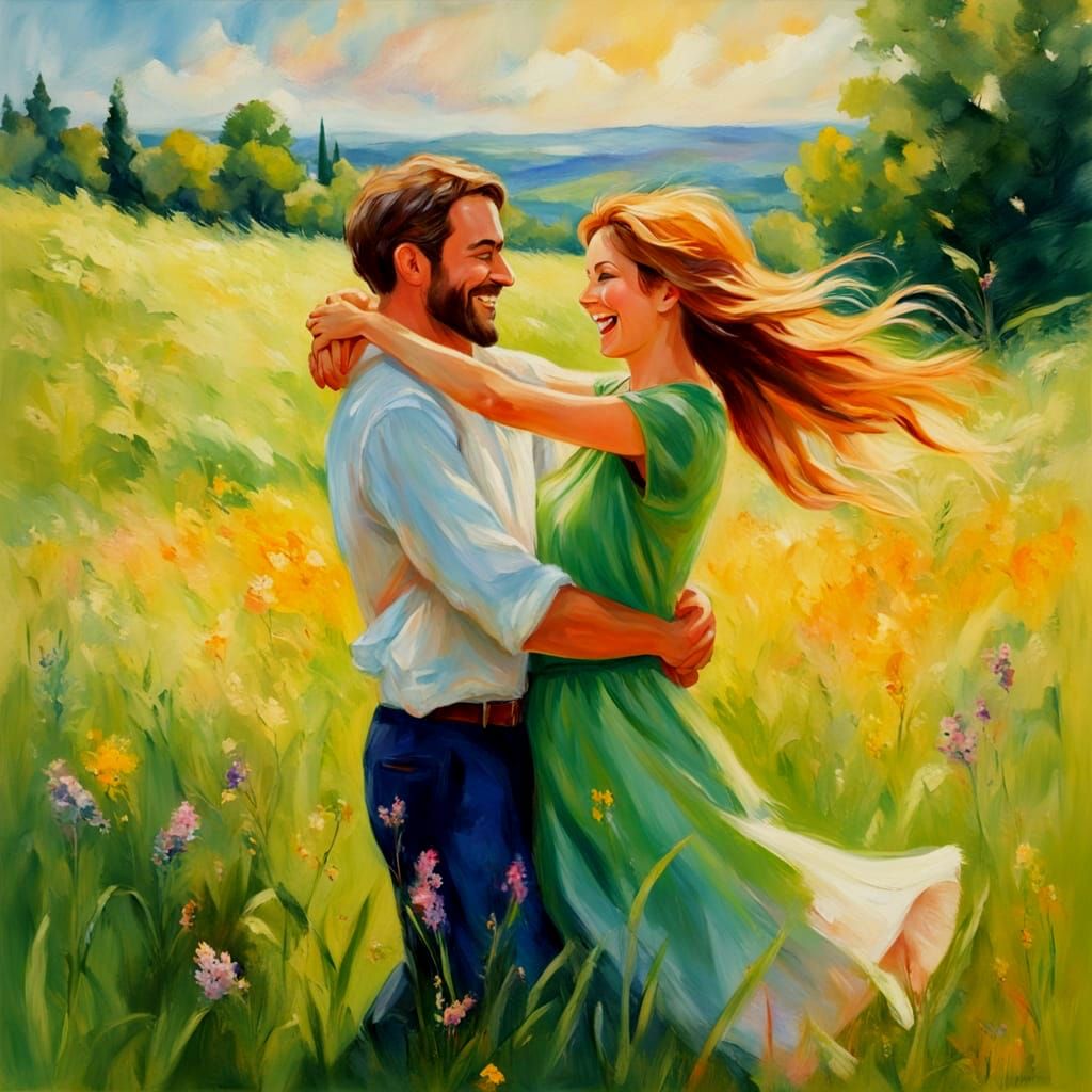 A Joyful Couple Dancing in a Vibrant Green Meadow