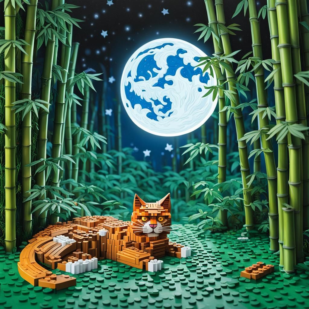 Magical Lego Cat in Bamboo Forest at Night