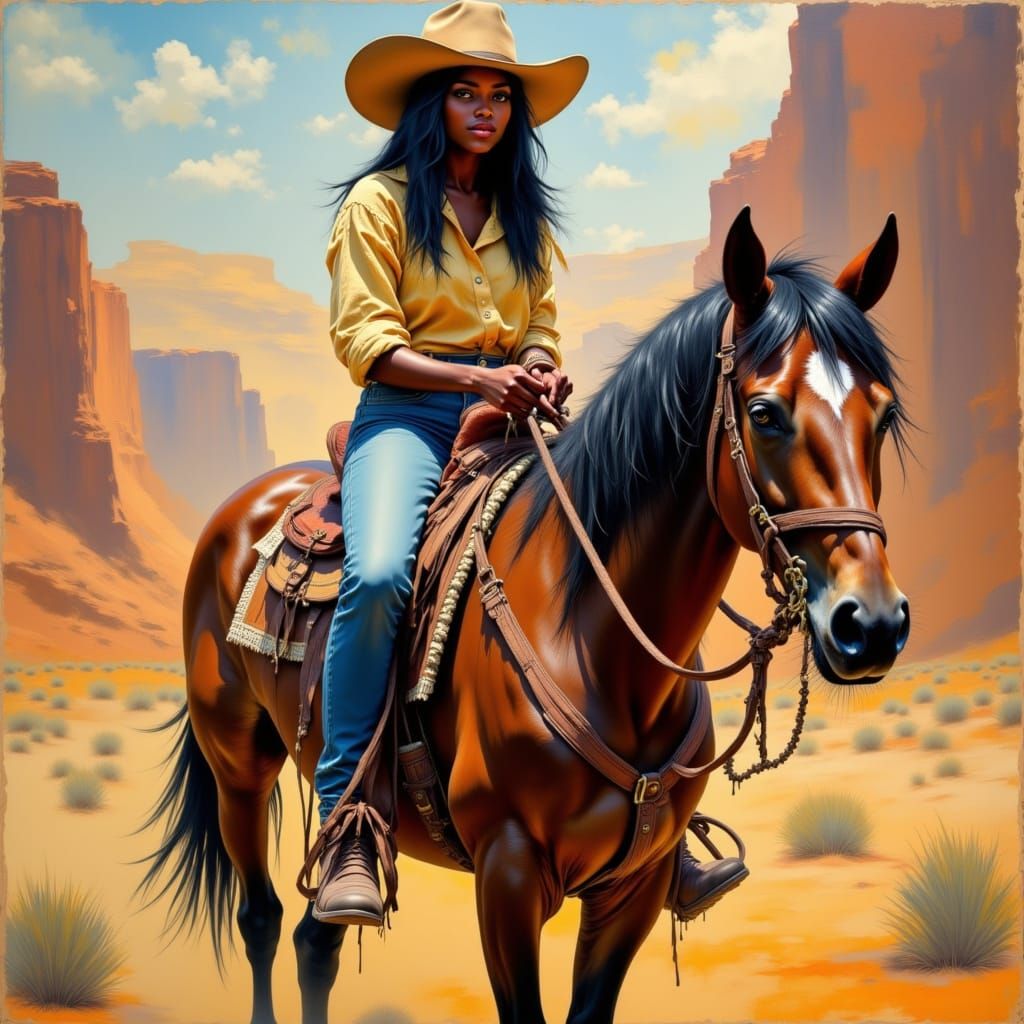 Impasto Painting of Woman Riding Horse in Canyon