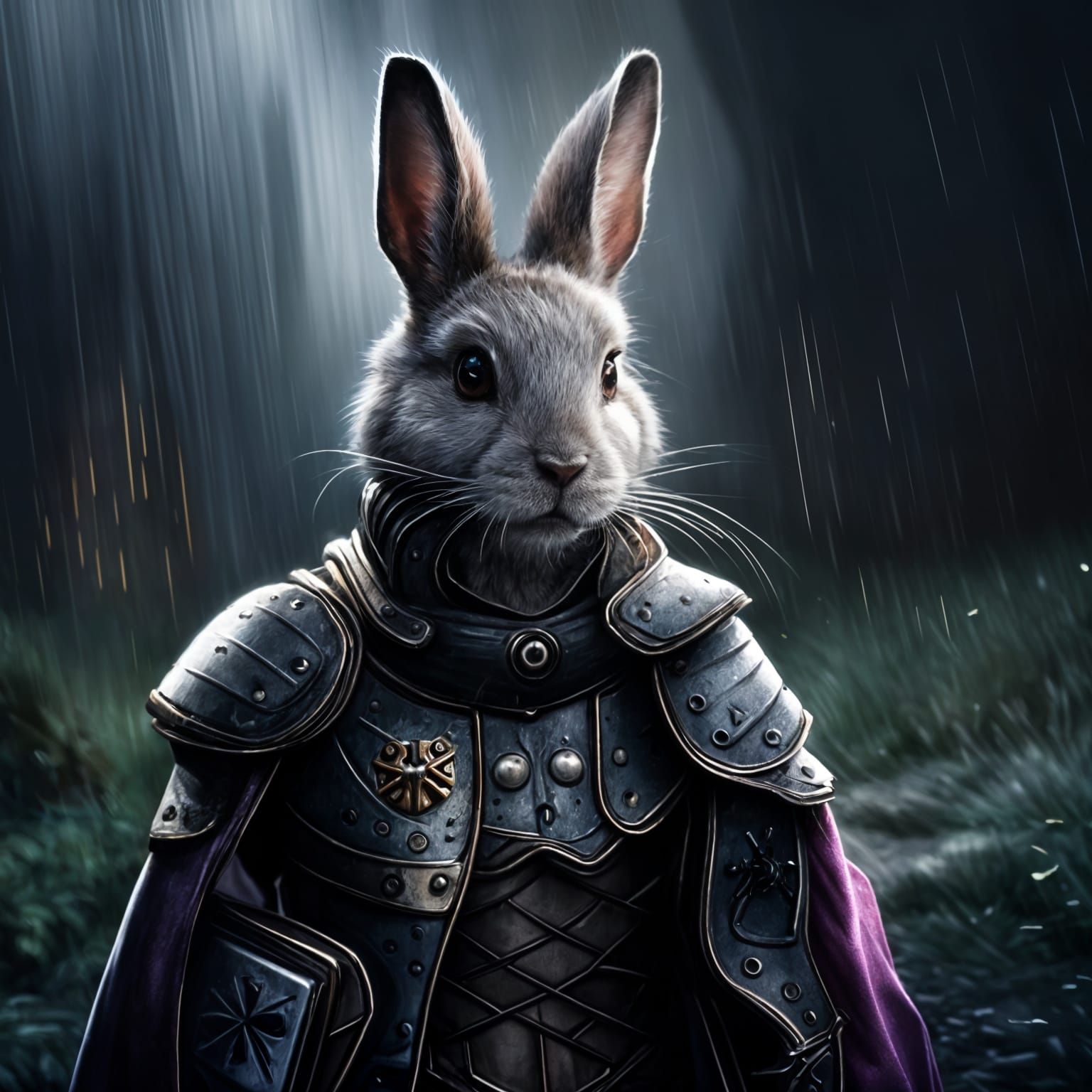 Cyberpunk Samurai Rabbit in Rainy Cityscape