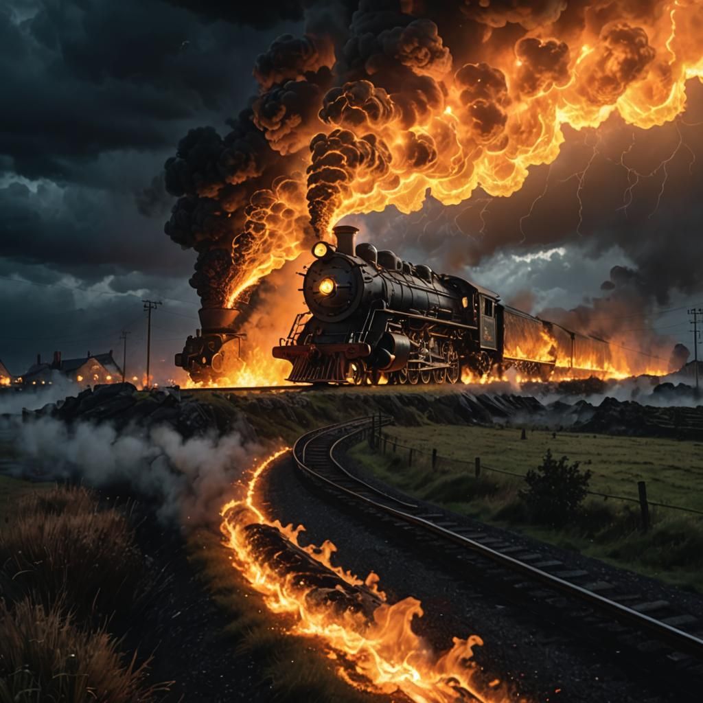 Fiery Steam Train and Dragon in Surreal Landscape