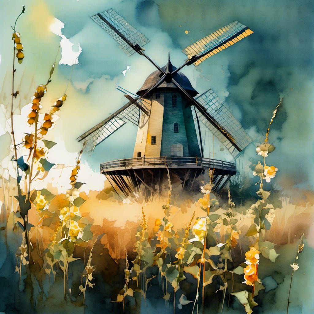 Digital Watercolor Windmill with Pea Stems and Holly