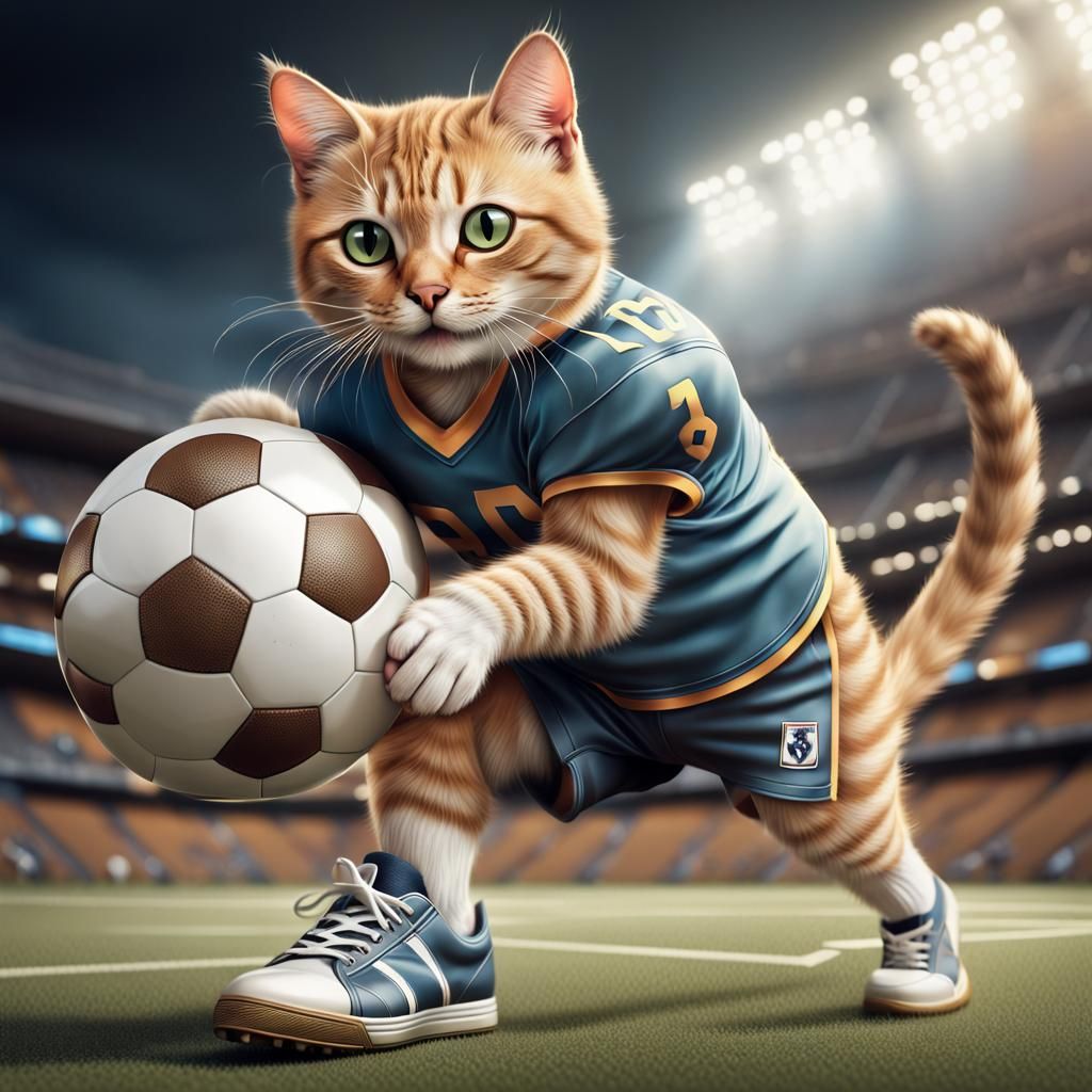 Hyperrealistic Cat Playing Football in Stadium
