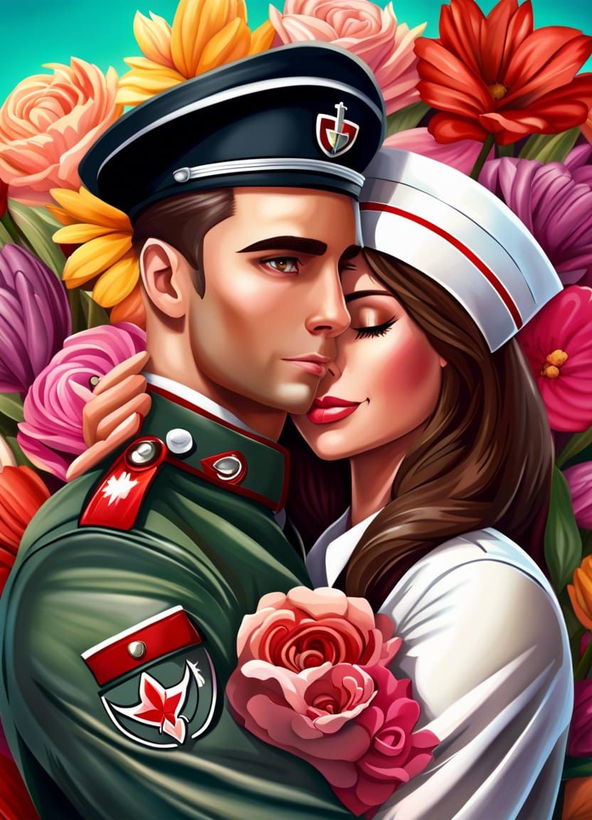Nurse Hugging Soldier in Photorealistic Illustration