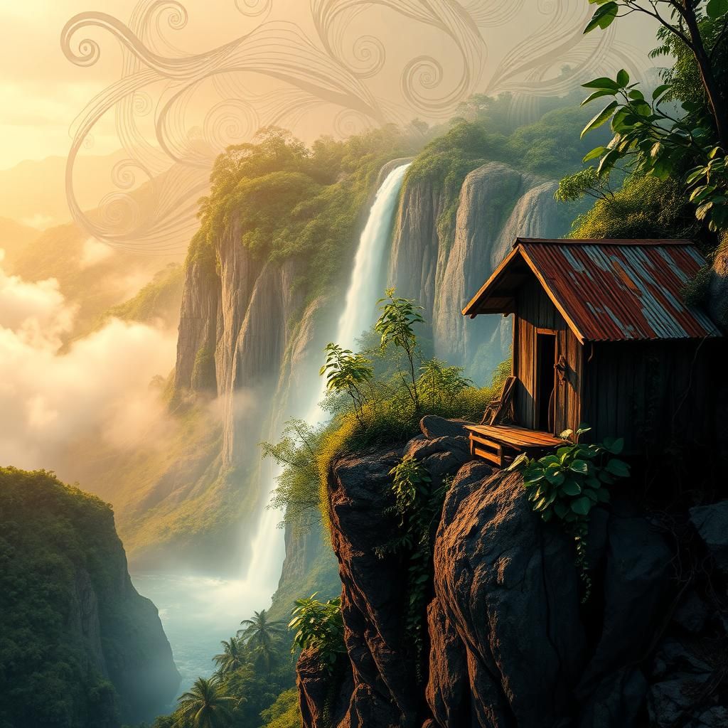Cliffside Shack with Waterfall in Abstract Vector Art