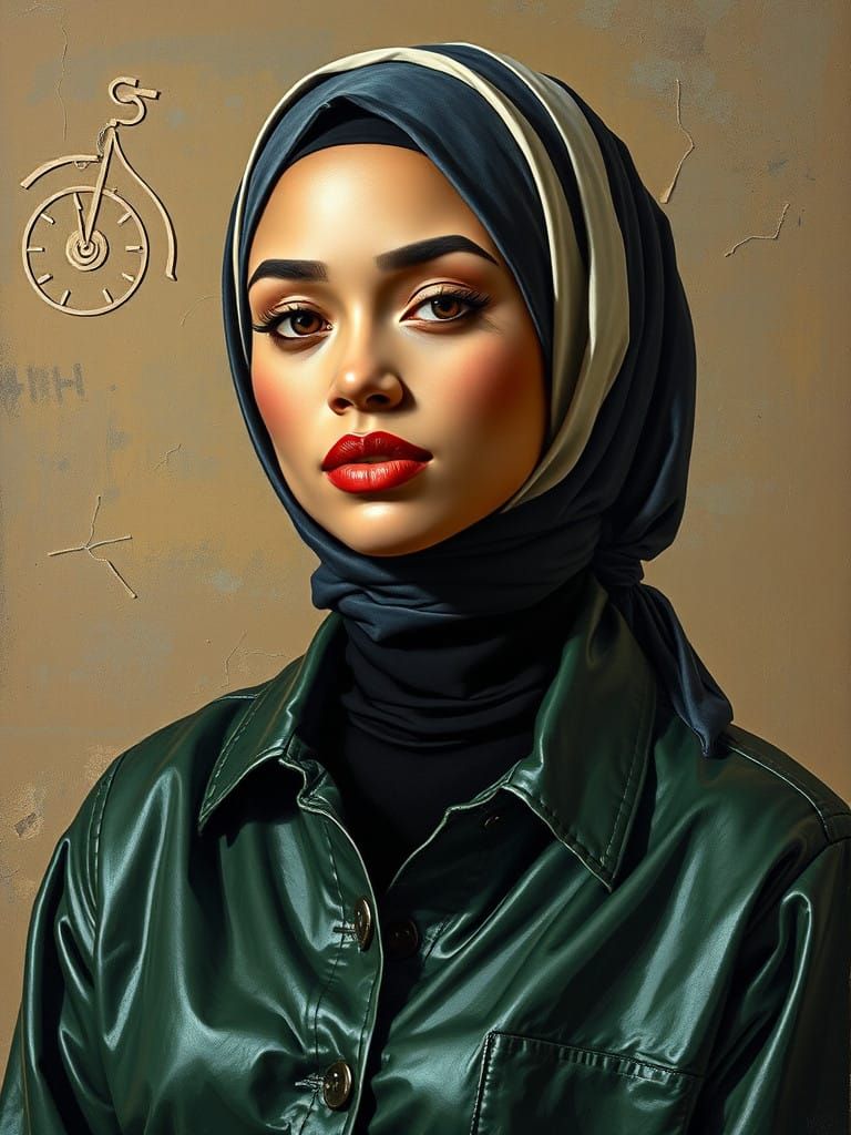 Surreal Oil Painting of a Curvy Hijabi Woman in Whimsical Pa...