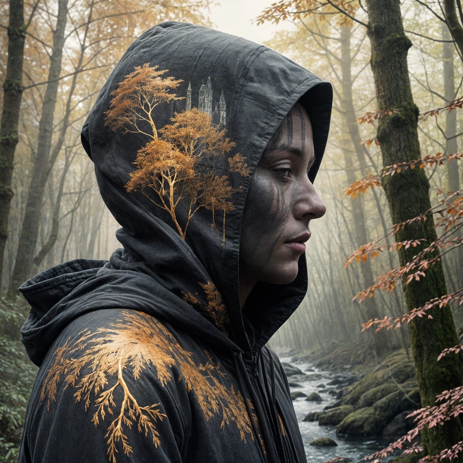 Hooded Figure with Landscape, Double Exposure Art