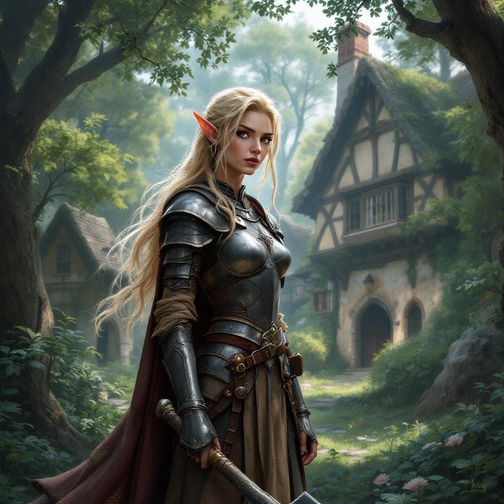 Elven Protector in Lush Forest, Fantasy Art