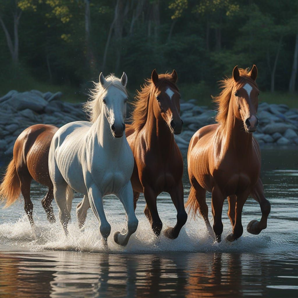 Majestic Horses Gallop Through Crystal-Clear Water in a Vibr...