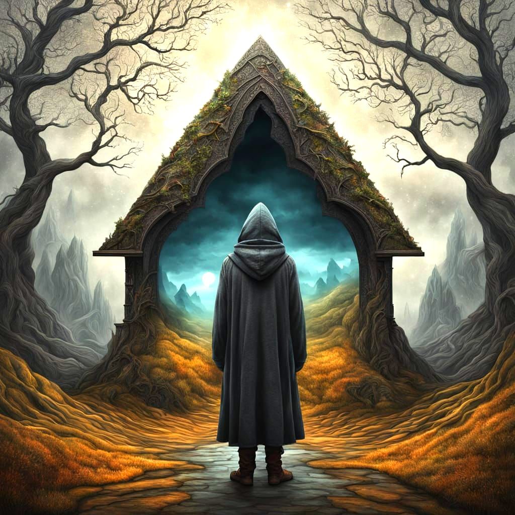 Hooded Figure Reveals Fantastical Landscape